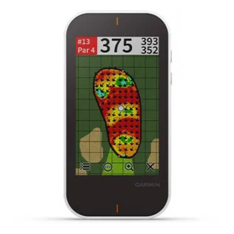 The Garmin Approach G80 Handheld GPS + Launch Monitor from Garmin shows a golf course hole map with distance markers, color-coded elevation or slope heatmap, grid lines, and displays the hole number and yardages at the top.