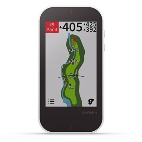 The Garmin Approach G80 Handheld GPS + Launch Monitor from Garmin shows a color golf hole map with yardages, hazards, flag marker, and distances like 405, 425, and 392 yards; the display reads “#9 Par 4.”.