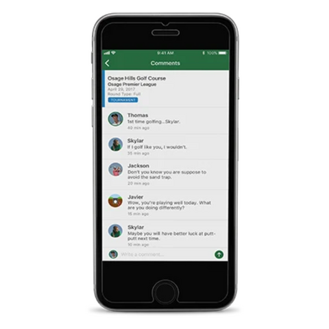 A smartphone shows a chat where users share golf tips, encouragement, and jokes while discussing the advantages of using the Garmin Approach G80 Handheld GPS + Launch Monitor by Garmin.