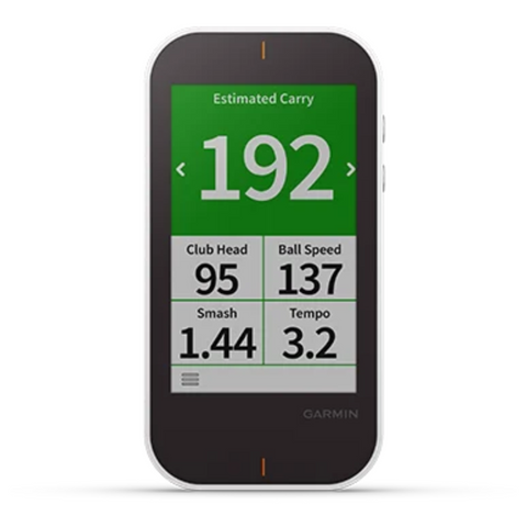 The Garmin Approach G80 Handheld GPS + Launch Monitor by Garmin displays stats like Estimated Carry 192, Club Head 95, Ball Speed 137, Smash 1.44, and Tempo 3.2 on a bright white screen, combining golf GPS and performance tracking features.