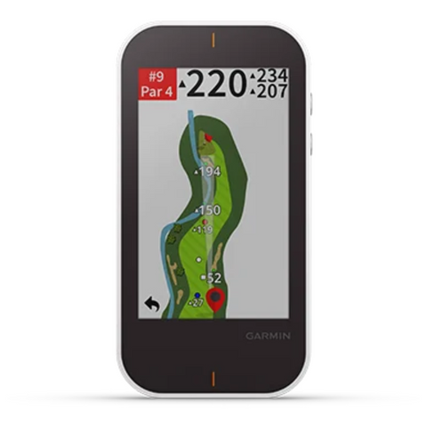 The Garmin Approach G80 Handheld GPS + Launch Monitor by Garmin shows a color golf course map with distance markers, a red flag pin, hole #9 (Par 4), and yardages of 220, 234, and 207.