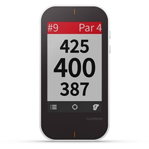 The Garmin Approach G80 Handheld GPS + Launch Monitor by Garmin shows hole 9, par 4, with yardages of 425, 400, and 387 yards. Its display features a black border, buttons below the screen, and integrated launch monitor functions.