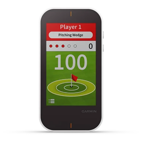 The Garmin Approach G80 Handheld GPS + Launch Monitor by Garmin shows a golf game screen with Player 1, pitching wedge, score of 100, and a red flag target, showcasing its launch monitor and GPS features.