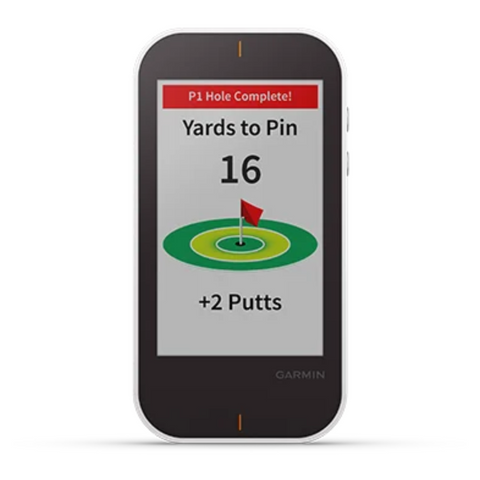 The Garmin Approach G80 Handheld GPS + Launch Monitor by Garmin shows “Yards to Pin: 16” with a green and red flag graphic, “+2 Putts,” and “P1 Hole Complete!” on its display.