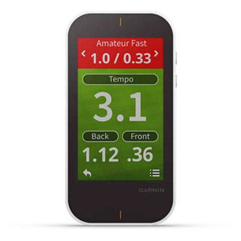 The Garmin Approach G80 Handheld GPS + Launch Monitor by Garmin shows golf swing stats like Amateur Fast, tempo 3.1, back 1.12, and front .36 with red and green backgrounds plus navigation buttons on its display.