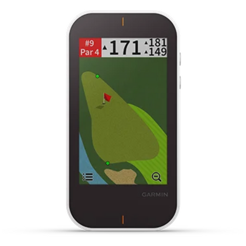 The Garmin Approach G80 Handheld GPS + Launch Monitor by Garmin displays a hole map with distances, green and hazard locations, a red flag for the pin, and hole 9 info at the top left of its screen.