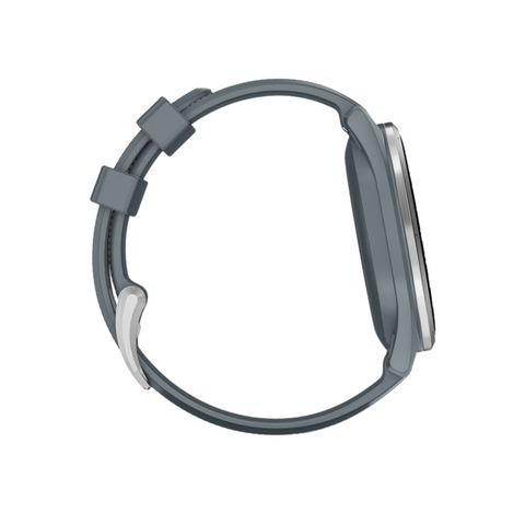 Side view of the Garmin Approach S44 GPS Watch by Garmin, featuring a sleek, rectangular face with rounded edges, grey band, and silver buckle, shown against a white background.