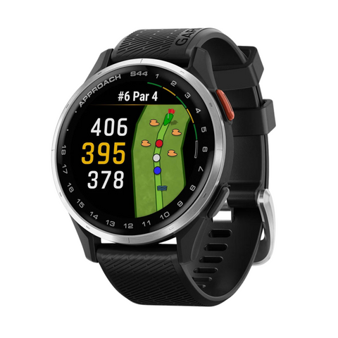 The Garmin Approach S44 GPS Watch by Garmin features a round display showing a color golf hole map with distance markers (406, 395, 378 yards), bunkers, and fairway layout—an essential tool for golfers.