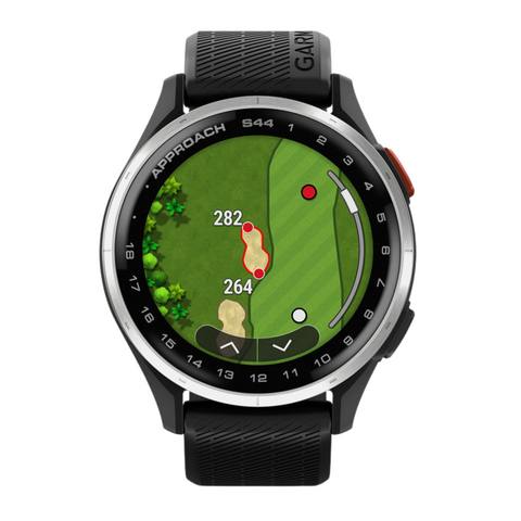 The black Garmin Approach S44 GPS Watch by Garmin shows a color golf hole map with hazard distances (282 and 264 yards), green, trees, and golf ball—ideal for golfers seeking advanced tech on the course.