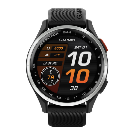 The Garmin Approach S44 GPS Watch by Garmin features a round color touchscreen that shows fitness stats, date, time, weather, steps, and golf score—ideal for golf tech fans.