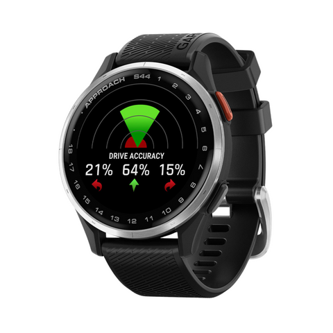 The black Garmin Approach S44 GPS Watch by Garmin displays a golf drive accuracy screen with percentages—left 21%, center 64%, and right 15%—in red and green, highlighting advanced golf technology.