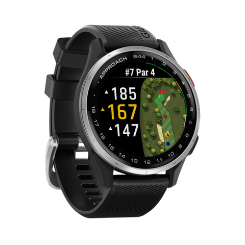 The Garmin Approach S44 GPS Watch by Garmin displays a golf course map with hole 7, par 4, yardages of 185, 167, and 147 yards. It has a round face and textured strap for comfort and style on the course.