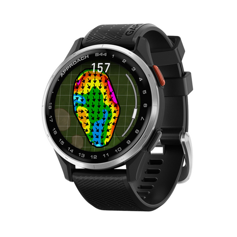 The Garmin Approach S44 GPS Watch by Garmin features a black band, silver bezel, and displays vibrant golf course maps with numbers and arrows on its round screen, highlighting advanced golf technology.