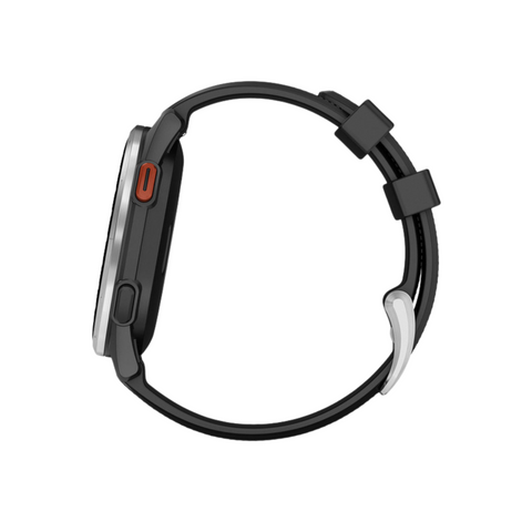 Side view of the Garmin Approach S44 GPS Watch by Garmin, featuring a round face, black silicone strap, red button, and silver buckle on a white background—ideal for golfers wanting advanced tech on their wrist.