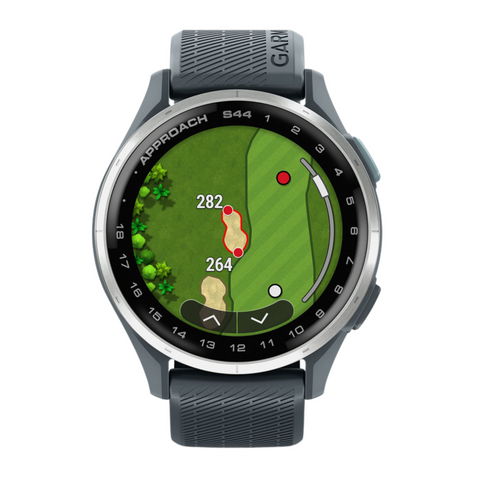 The Garmin Approach S44 GPS Watch by Garmin displays golf course maps with distances to points on the green, markers labeled “264” and “282”, plus a flag and sand bunker—ideal for golf tech enthusiasts.