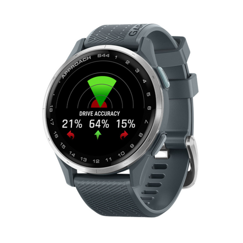 The Garmin Approach S44 GPS Watch by Garmin features a circular screen displaying Drive Accuracy with a gauge, green/red arrows, and percentages (21%, 64%, 15%). It has textured gray straps, a silver bezel, and is ideal for golfers seeking advanced tech.