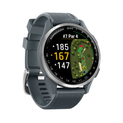 The Garmin Approach S44 GPS Watch by Garmin displays detailed golf course maps, showing yardages of 185, 167, and 147 yards to the green on hole #7 Par 4—a standout piece of golf technology.