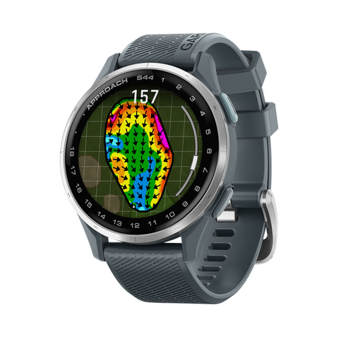 The Garmin Approach S44 GPS Watch by Garmin, in grey, features a round display showing a vivid golf course map with directional arrows and the number 157, highlighting advanced golf technology.