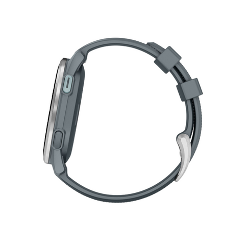 Side view of the Garmin Approach S44 GPS Watch by Garmin, featuring a gray case, round face, and matching gray silicone strap with silver buckle and two loops—ideal for golf enthusiasts seeking advanced GPS tech.
