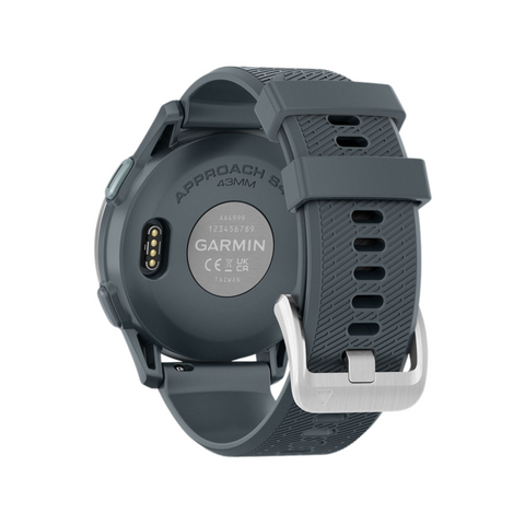 Back view of the Garmin Approach S44 GPS golf watch in dark gray, highlighting its textured wristband, metal buckle, charging port, and engraved product info—a stylish piece of golf tech from Garmin.