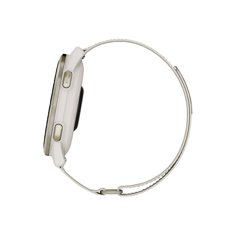 A side view of the Garmin Approach S50 GPS Watch by Garmin, featuring a white case with two buttons and a slim metallic mesh band, displayed against a white background.