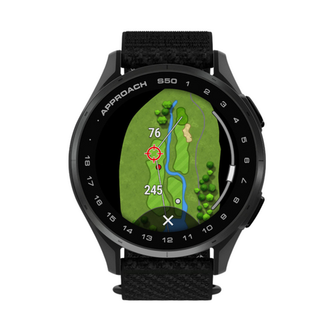 A black Garmin Approach S50 GPS Watch by Garmin, featuring a round display with a golf course map, distance markers, and a red target indicator.