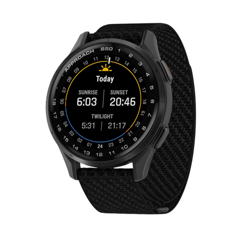 The Garmin Approach S50 GPS Watch by Garmin features a round face with sunrise, sunset, and twilight times, date and time display on a black textured band. Its screen shows yellow, white, and blue digital text.