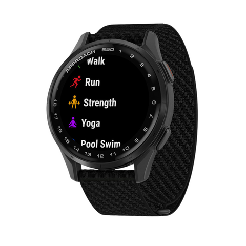 A black Garmin Approach S50 GPS Watch by Garmin with a fabric strap shows five workout options—Walk, Run, Strength, Yoga, and Pool Swim—each represented by a colorful icon on its display.