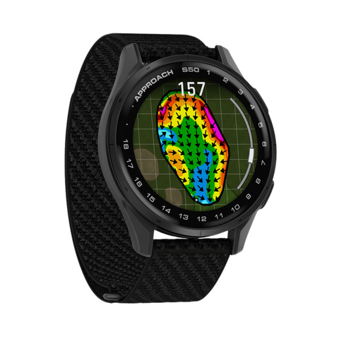 The Garmin Approach S50 GPS Watch, in black, features a vibrant golf green map with yardage display and advanced functions, designed to enhance your game. The watch face highlights precise distances for optimal performance on the course.