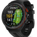 The Garmin Approach S70 47mm GPS Golf Watch in black by Garmin displays color course maps, yardages, and hole info on its round screen. It features an orange accent and a perforated strap—ideal for NZ golfers.