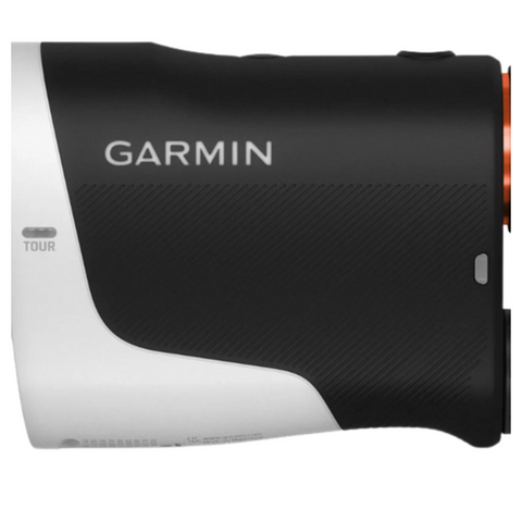 Side view of the Garmin Approach Z30 Rangefinder in black and white with GARMIN boldly on the side, an orange accent, and sleek design; this golf rangefinder features advanced slope technology.