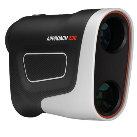 The Garmin Approach Z30 Rangefinder by Garmin is a black and white handheld device with two front lenses, designed for golf and offering advanced slope technology for accurate distance measurement.