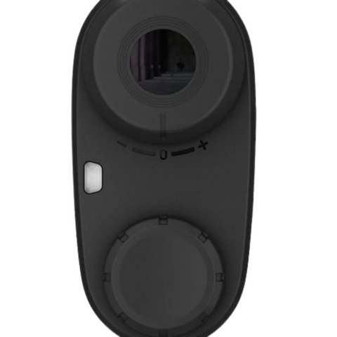 The Garmin Approach Z30 Rangefinder by Garmin is a black, oval-shaped golf accessory featuring a round top lens, smooth dial with plus and minus symbols, slope technology, a rectangular button, and a circular bottom cap.