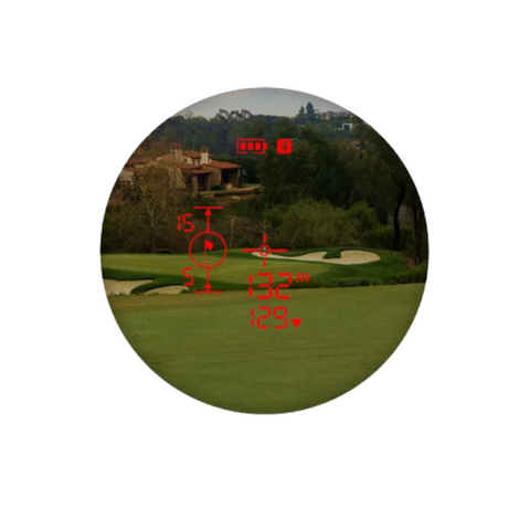 Through the Garmin Approach Z30 Rangefinder by Garmin, see golf course features like trees and bunkers on a clear red digital display providing distance and measurement data with advanced slope technology for accurate shot planning.