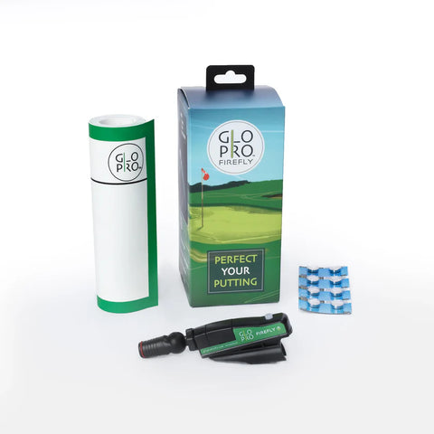The GloPro Fire Fly Putting Kit includes a rolled-up mat, GloPro-branded box, marker pen device, sheet of circular stickers, plus the GloPro Fire Fly Portable Stroke Reader for real-time putting alignment feedback.