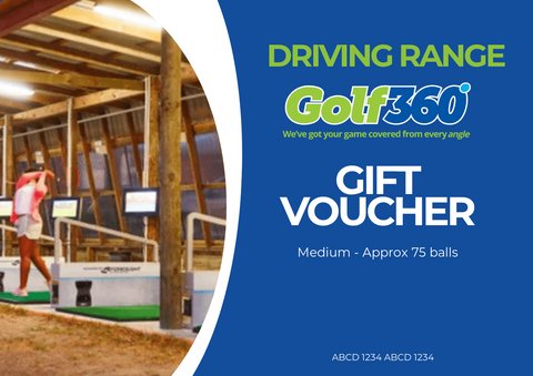 A woman swings a golf club at an indoor Driving Range. Text reads: Golf 360 Driving Range Gift Voucher (Medium – approx. 75 balls) by golf360nz. Blue background with logo, voucher code, and Ball Tracking technology shown at the bottom.