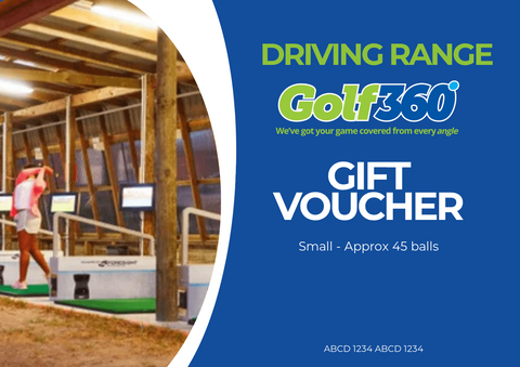 A golf360nz Golf 360 Driving Range Gift Voucher featuring Ball Tracking, with an image of a golfer on the left and text on the right: DRIVING RANGE Gift Voucher Small – Approx 45 balls.