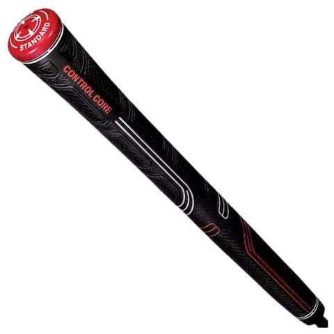 The Golf Pride CP2 Pro Golf Grip is black with red and white accents, CONTROL CORE in red letters, and STANDARD in white on the end cap.
