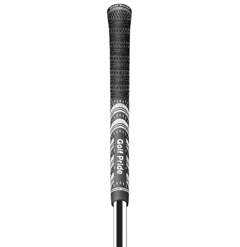 Close-up of a black and white Golf Pride Multi Compound Cord Grip | Midsize, attached to a metal shaft, centered vertically against a plain gray background.
