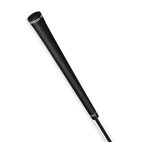 A close-up of the Golf Pride Tour Ribbed Grip | Standard | Black by Golf Pride shows its black, textured handle with silver accents for consistent hand placement, set against a white background.