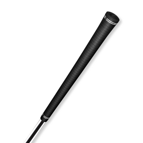 A close-up of the Golf Pride Tour Ribbed Grip (Standard, Black) by Golf Pride with silver accents, designed for consistent hand placement and a Tour Velvet feel, shown against a white background.