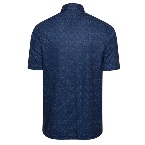 The image shows the back of the Greg Norman Men's ML75 Club House Print Polo in navy—a short-sleeve, moisture-wicking golf shirt with a subtle light blue geometric pattern, hip-length, and crafted with ML75 recycled fabric.
