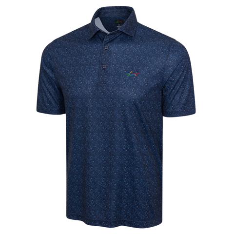 The Greg Norman Men's ML75 Club House Print Polo in navy features short sleeves, a subtle geometric pattern, collar with three buttons, moisture-wicking recycled ML75 fabric, and a colorful left chest logo.