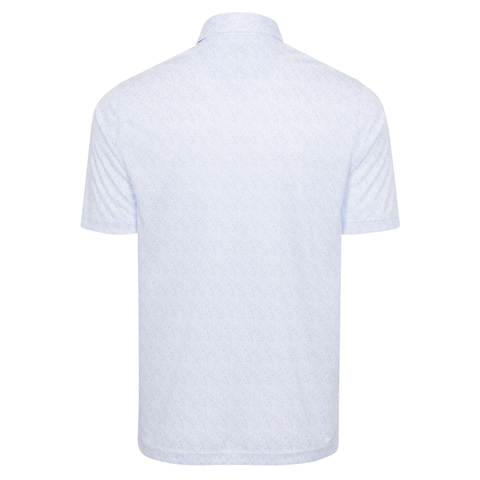Back view of the Greg Norman Men's ML75 Club House Print Polo in white, featuring a subtle, small repeating pattern. Lightweight, moisture-wicking fabric keeps you cool and comfortable on or off the course.
