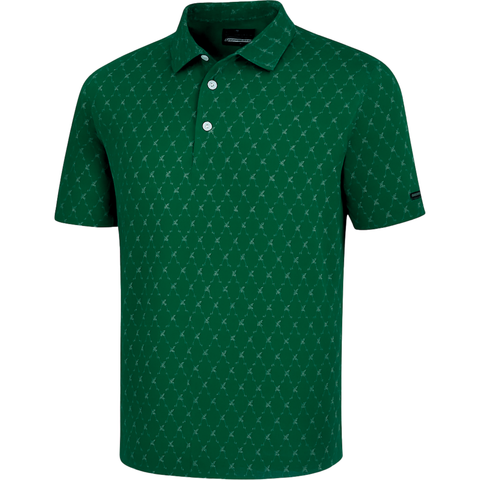 The Greg Norman Men's ML75 Golf Club House Polo in Alpine Green features ML75 Performance Fabric, a subtle light green geometric print, short sleeves, a collar, and two white buttons on the front placket.