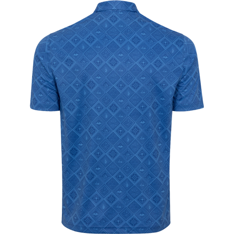 The Greg Norman Men’s ML75 Golf Tiles Polo in Deep Blue features a subtle diamond and floral pattern, short sleeves, and PlayDry moisture-wicking technology. Shown from the back.