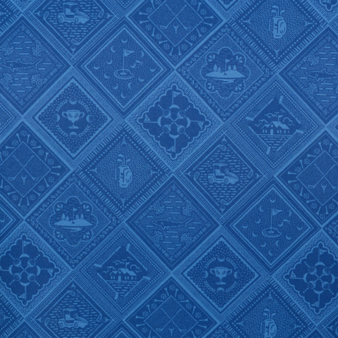 The Greg Norman Men’s ML75 Golf Tiles Polo in deep blue features a repeating diamond pattern with golf icons—perfect for stylish comfort on the course.