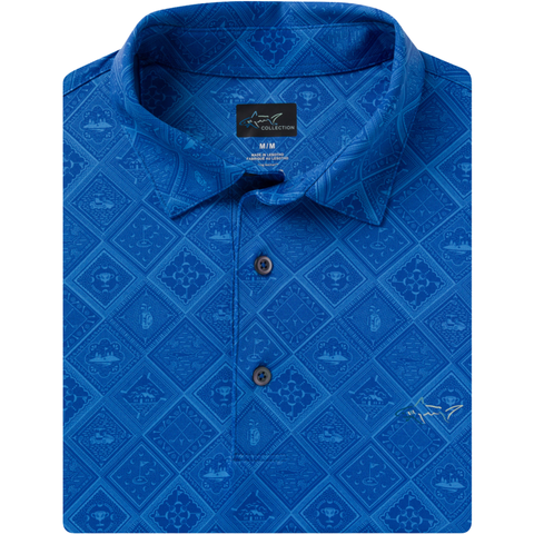 The Greg Norman Men’s ML75 Golf Tiles Polo in deep blue features a subtle geometric pattern, buttoned collar, small embroidered logo, and PlayDry moisture-wicking fabric for all-day comfort.