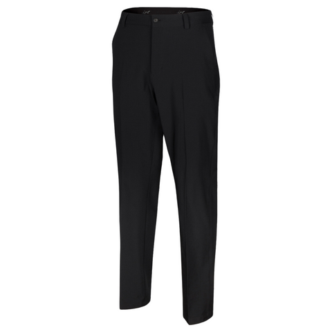 The Greg Norman Mens ML75 Microlux Pants in black feature a straight-leg fit, front button and zip closure, subtle crease lines, and moisture-wicking comfort—ideal golf trousers for a polished look. Shown on a white background.