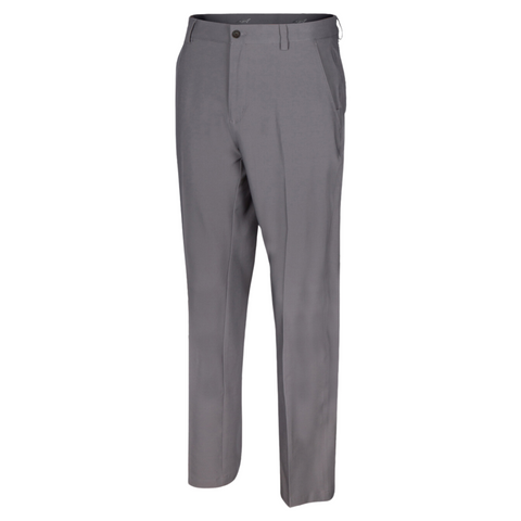 Greg Norman Mens ML75 Microlux Pants in Steel feature a straight leg, side pockets, front button closure, and belt loops. These moisture-wicking golf trousers are shown on a plain white background.